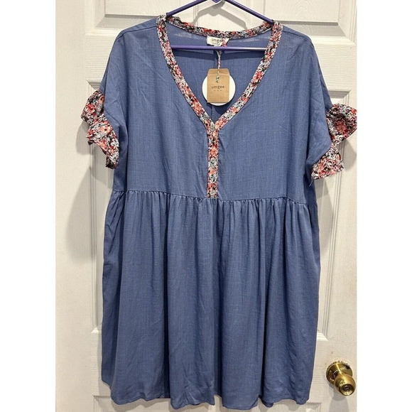 NWT Umgee‎ Linen Blend Floral Accent Dress Women’s Large Boho Hippie Red White - Picture 4 of 10